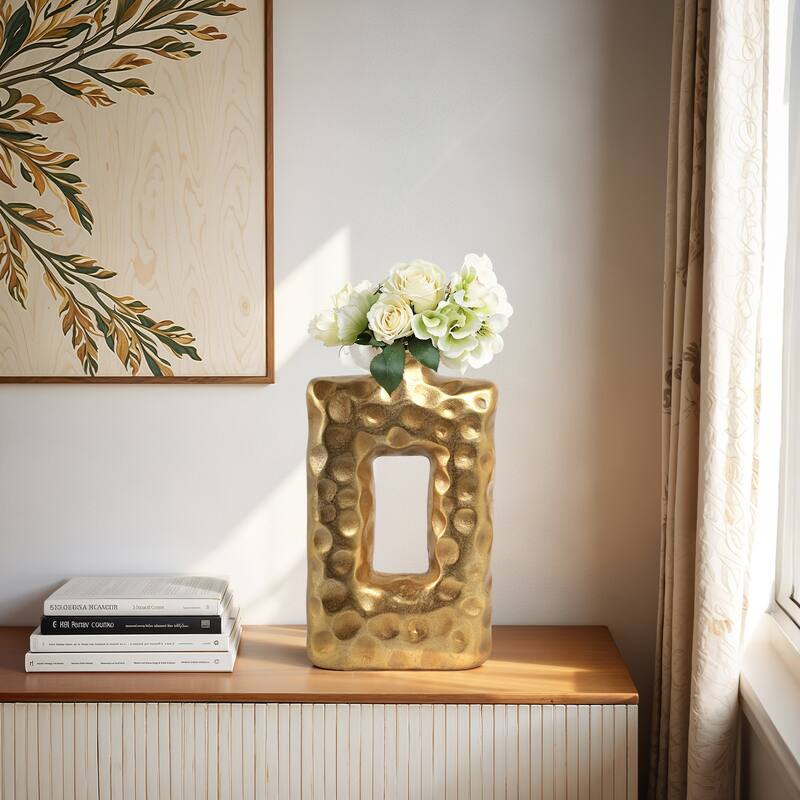 Metal Vase Hammered Texture with Rectangular Cutout Sculptural Design - 10" x 3" x 16"