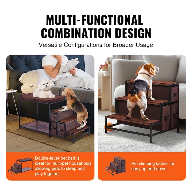 Black-Brown Wood Pet Bunk Bed with Stairs and Storage Drawers - 49” L x 19.6” W x 25.9” H