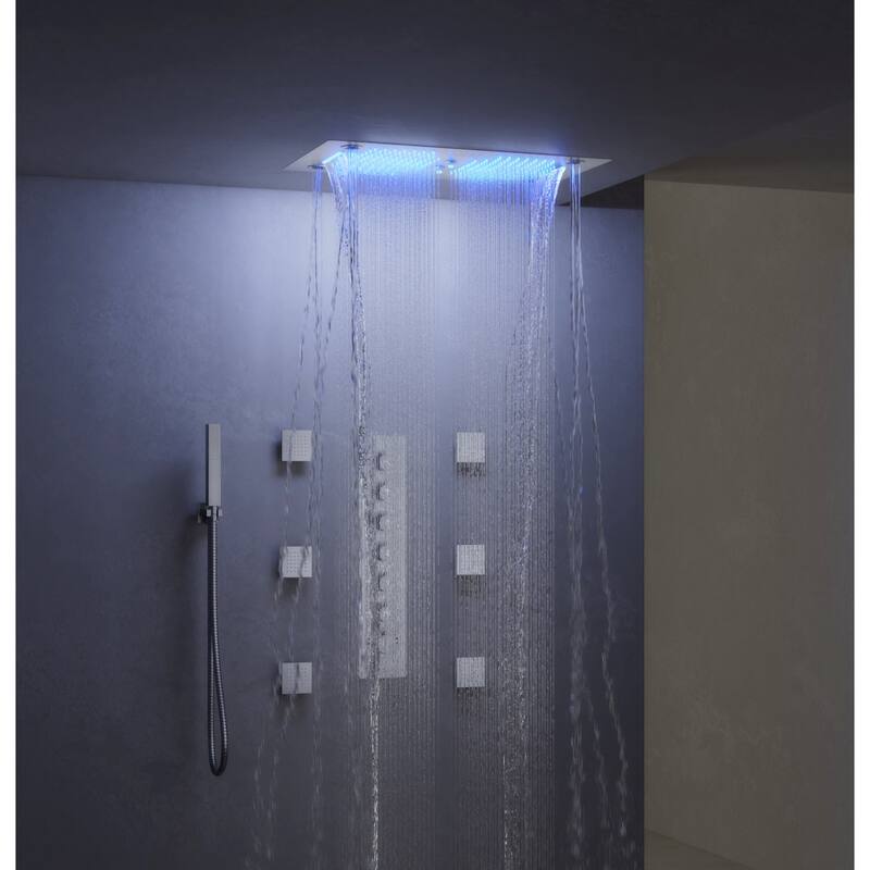Shower Faucet System 28"*16" Ceiling Mount Shower Head with 4 Spray Mode Body Jets Handheld Spray LUXURY LED