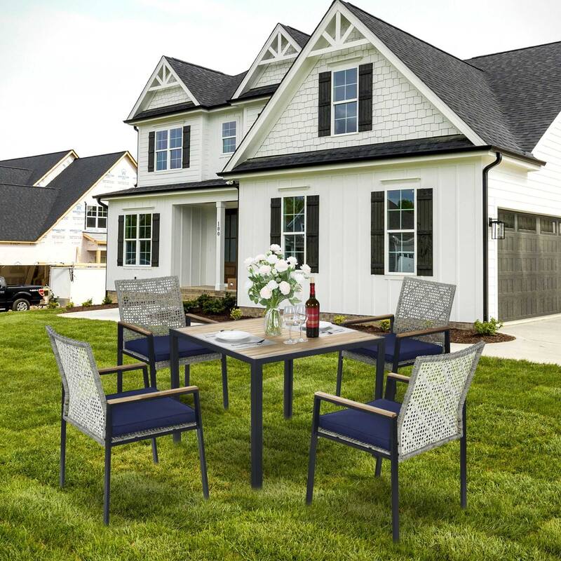 5-Piece Square Indoor/Outdoor Patio Table and Rattan Chairs Set with Umbrella Hole