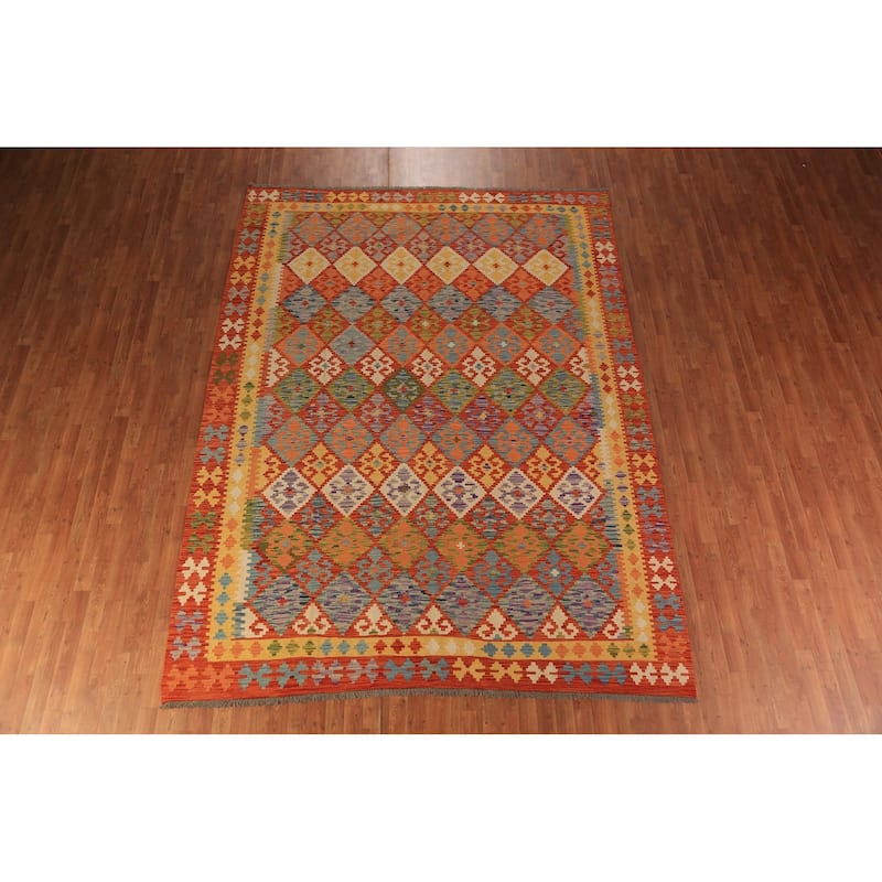 Trellis Geometric Kilim Oriental Area Rug Hand-Woven Wool Carpet - 8'4"x 10'10"