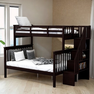 Stylish Twin-Over-Full Bunk Bed with Trundle, Storage Staircase and Guardrail for Bedroom, Stable and Safety