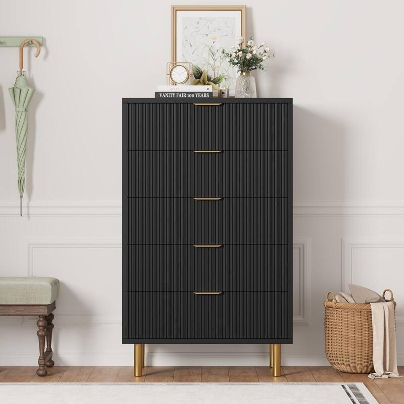 5 Drawer Dresser for Bedroom with Gold Handle and Large Drawer - Black