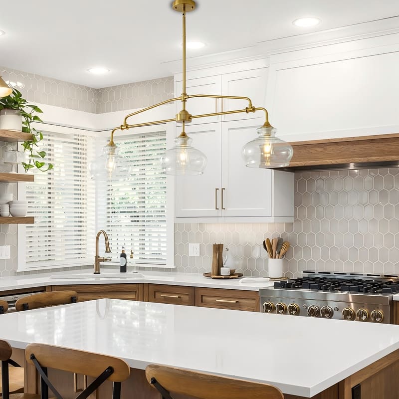 Brass Kitchen Island Light Linear Hanging Chandeliers Dining Room Light Fixture with Clear Glass Shades