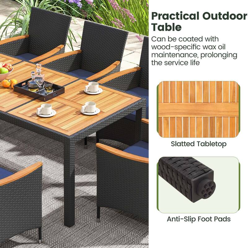 Costway 9 PCS Outdoor Dining Set with Acacia Wood Tabletop, Umbrella