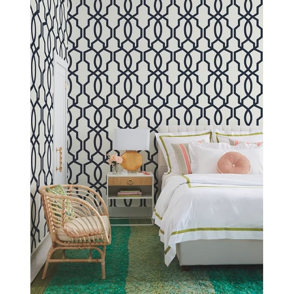 white and navy trellis wallpaper