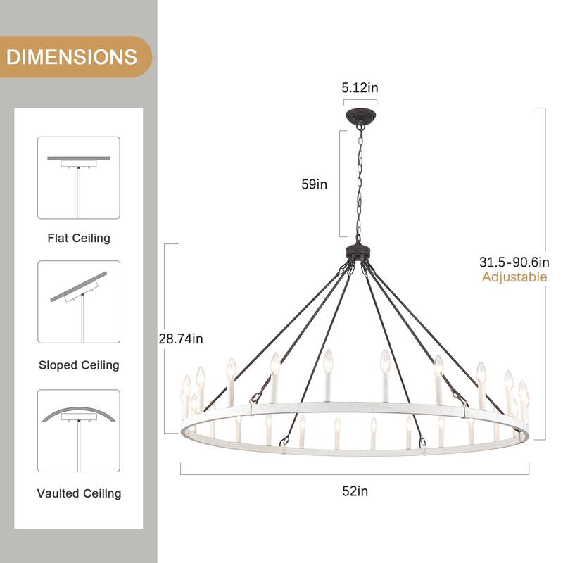 24 - Light 52in. Lagre Dimmable Wagon Wheel Chandelier Farmhouse Round Vintage Candle Style Light - N/A