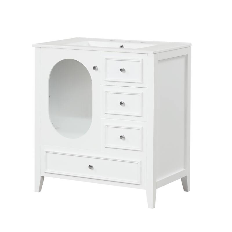 30" Bathroom Vanity with Sink, Bathroom Vanity Cabinet with Three Drawers and Door, Solid Wood and MDF, White