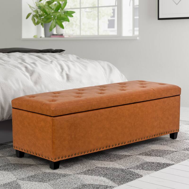 Adeco 46" Faux Leather Storage Ottoman Bench with Nailhead Trim