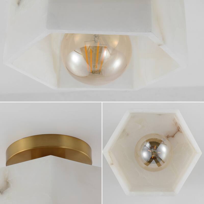 Celine 8" 1-Light Modern Contemporary Alabaster/Iron Hexagonal LED Semi Flush Mount, White Marbling/Brass Gold by JONATHAN Y