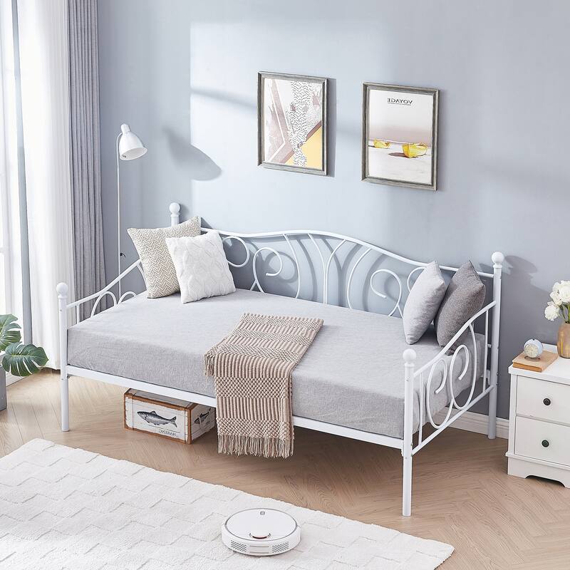 VECELO Metal Twin Size Daybed with Roman Column Legs Scroll Design Heavy Duty 350 lbs Capacity Sofa Bed for Living Room - White