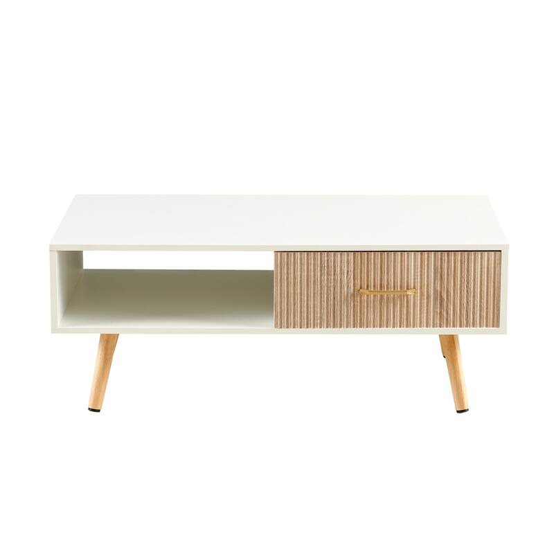 Rectangle Coffee Table with Solid Wood Legs, Sliding Drawer for Storage, Modern Table for Living Room