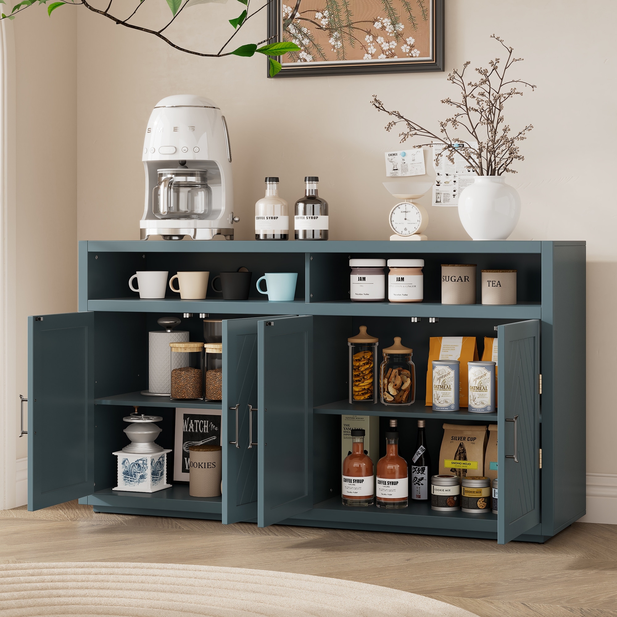 60 Inch Vintage Retro Style Storage Sideboard Cabinet Buffet Cabinet with Adjustable Shelves