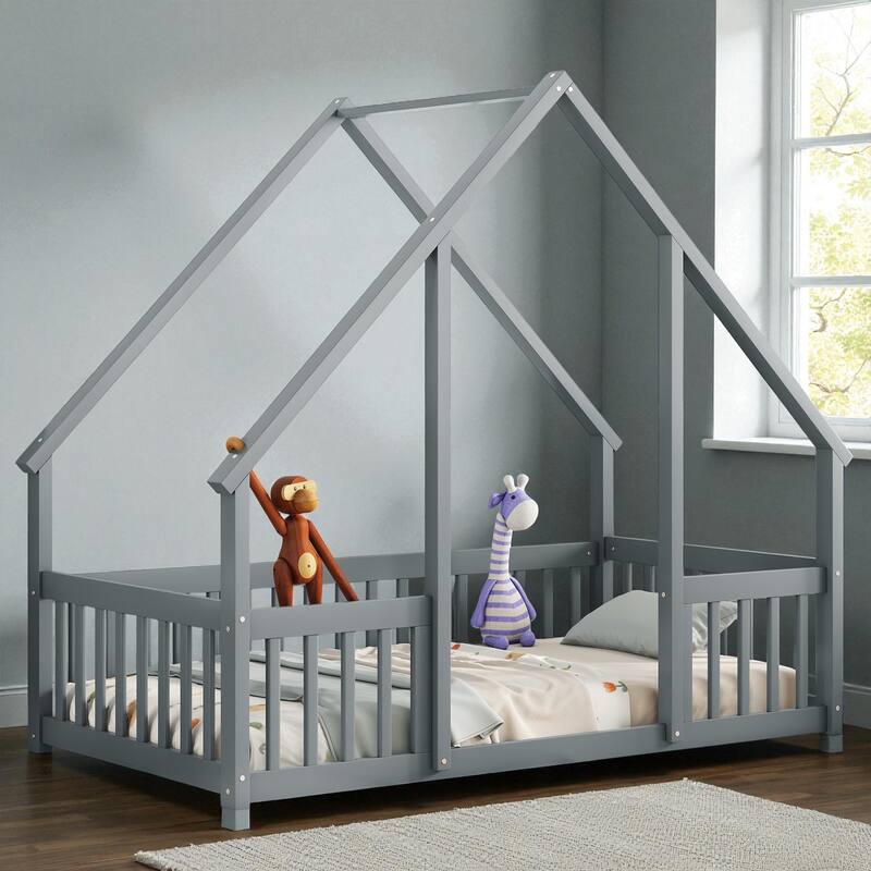 Twin/Full Size Wooden House-Shaped Floor Bed with Fence and Guardrails, Kids Montessori Bed with Roof Frame