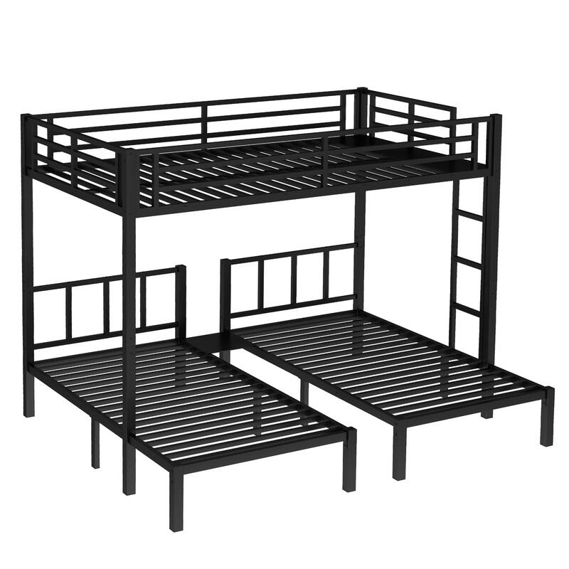 Space-Saving Metal Triple Bunk Bed with Safety Guardrails, Twin over Twin & Queen, Noise Reduced, Black