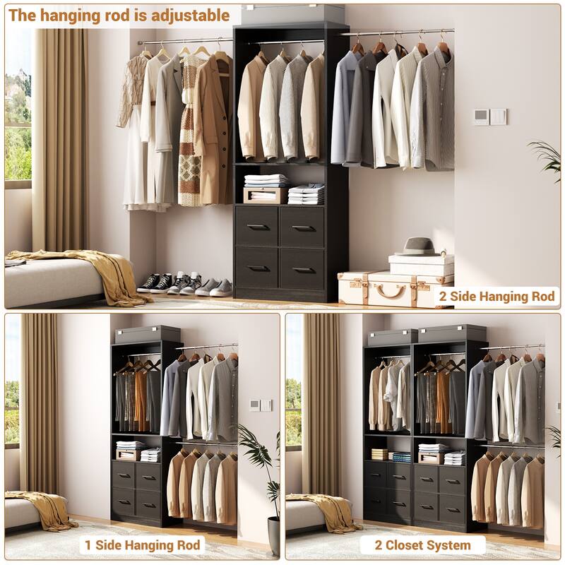 Rackcog 103'' Closet Organizer with 4 Cubes, Closet System with Fabric Drawers and 3 Hanging Rods
