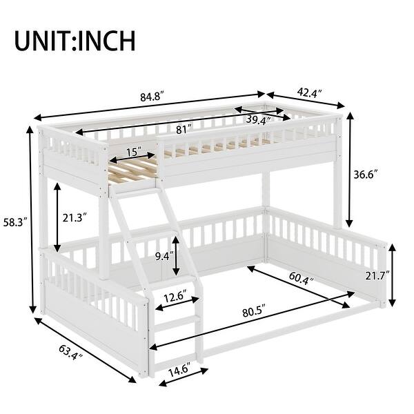Twin XL over Queen Wooden Bunk Bed with Guardrails and Ladder, Convertible Frame