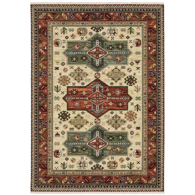 Style Haven Leander Tribal Medallion Red/ Multi Fringed Wool Blend Rug-