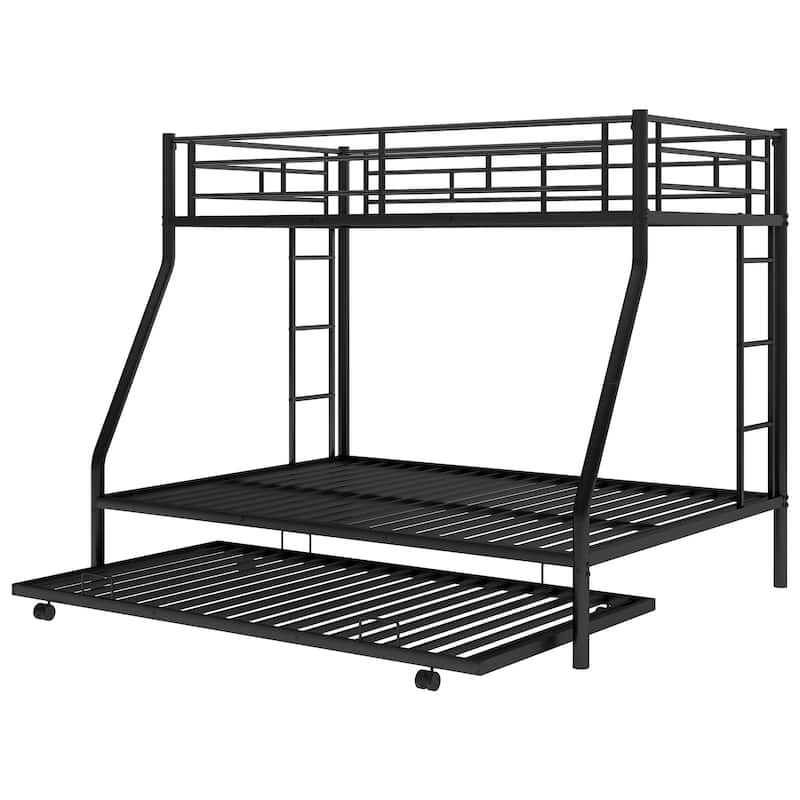 Bed with Sturdy Steel Frame, Bunk Bed with Twin Size Trundle, Two-Side Ladders