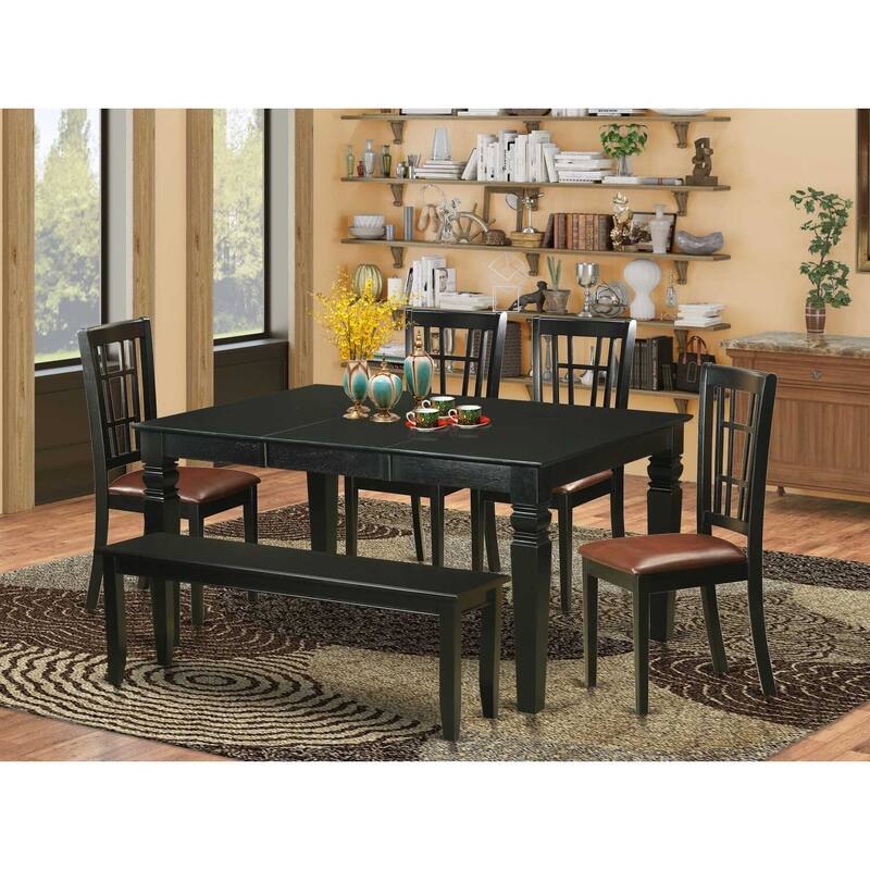 HomeStock 6-Piece Rectangle Black Finish Solid Wood Top dining Table with 1 Bench and 4 Chairs with Lattice Back