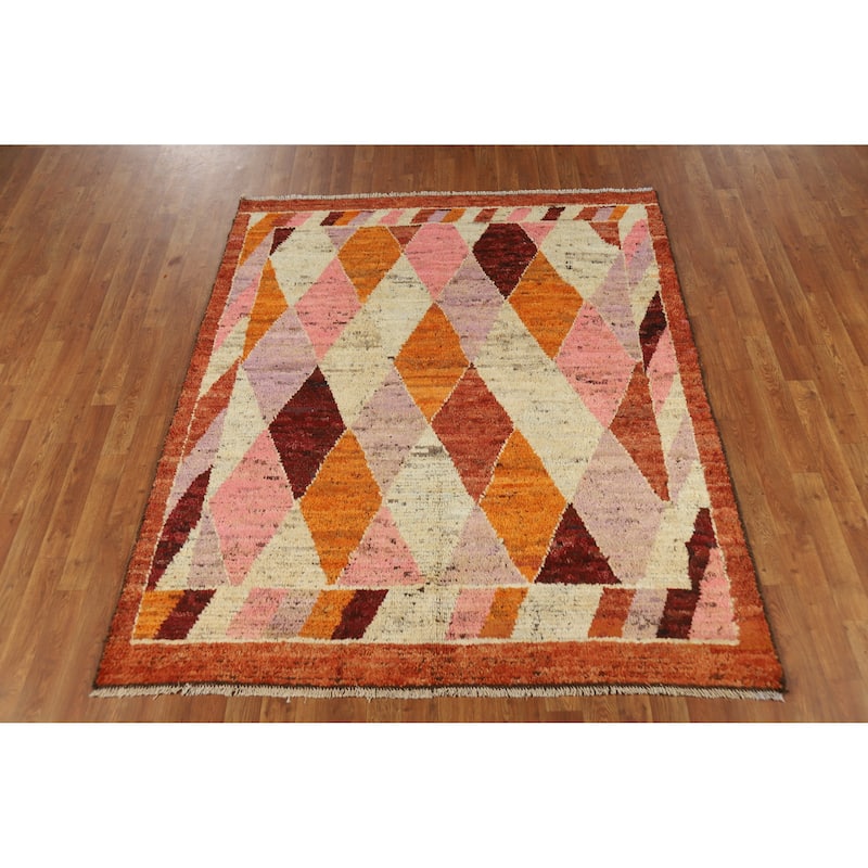Trellis Moroccan Oriental Rug Hand-Knotted Bedroom Wool Carpet - 5'6" x 6'6"