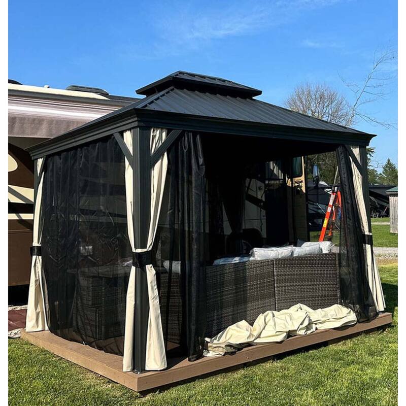 PURPLE LEAF Outdoor Galvanized Steel Hardtop Gazebo, Aluminum Frame Gazebo With Curtains
