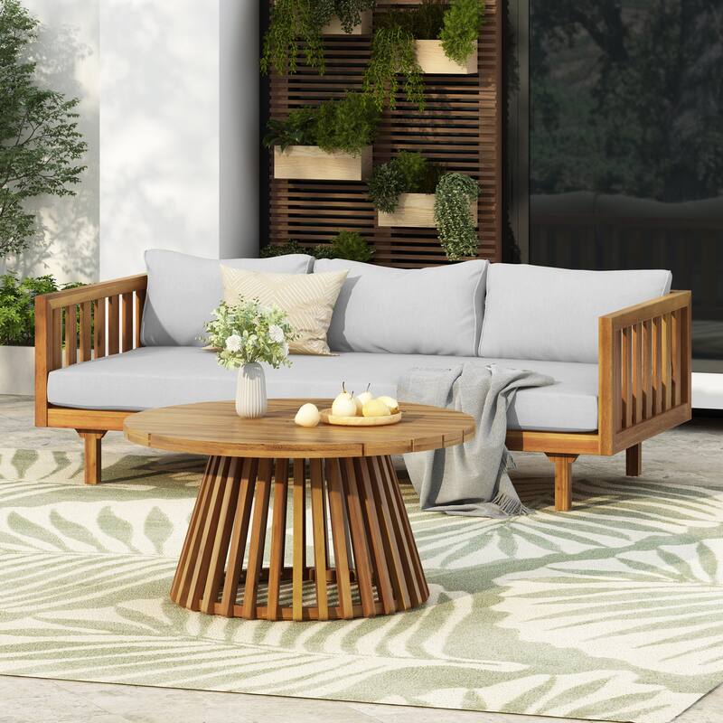 Christopher Knight Home - Claremont 3-Seater Daybed + Acacia Wood Table Patio Furniture Set - Light Gray Cushion