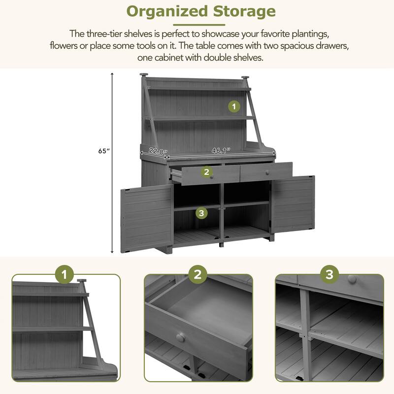 Garden Potting Bench Table, Fir Wood Workstation with Storage Shelf, Drawer and Cabinet