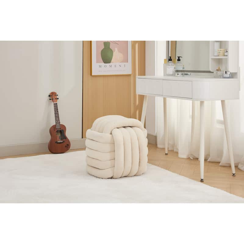 Chenille Fabric Ottoman Vanity Stool, Knot Design Ottoman Footstool, Multi-Functional Upholstered Makeup Stool