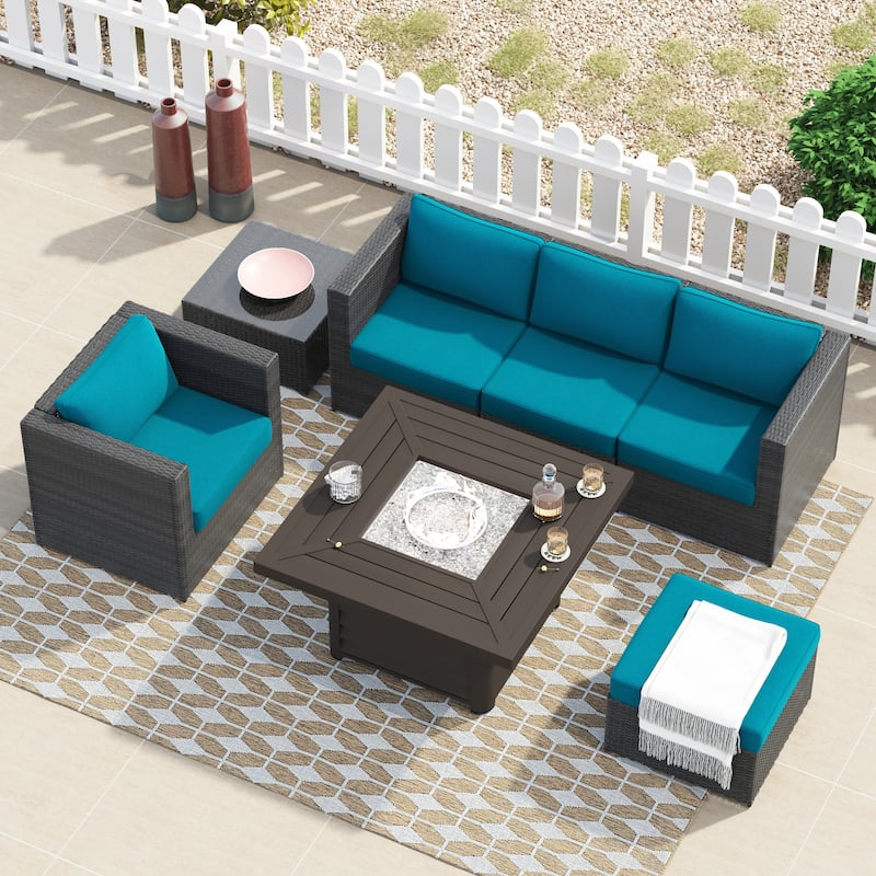 Corvus Trey 7-piece Patio Wicker Sofa Set with Fire Table