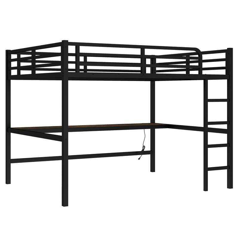 Roomfitters Metal Queen Size Loft Bed with Power Outlet & LED Lighting, Space-Saving Noise-Reduced Frame, Black