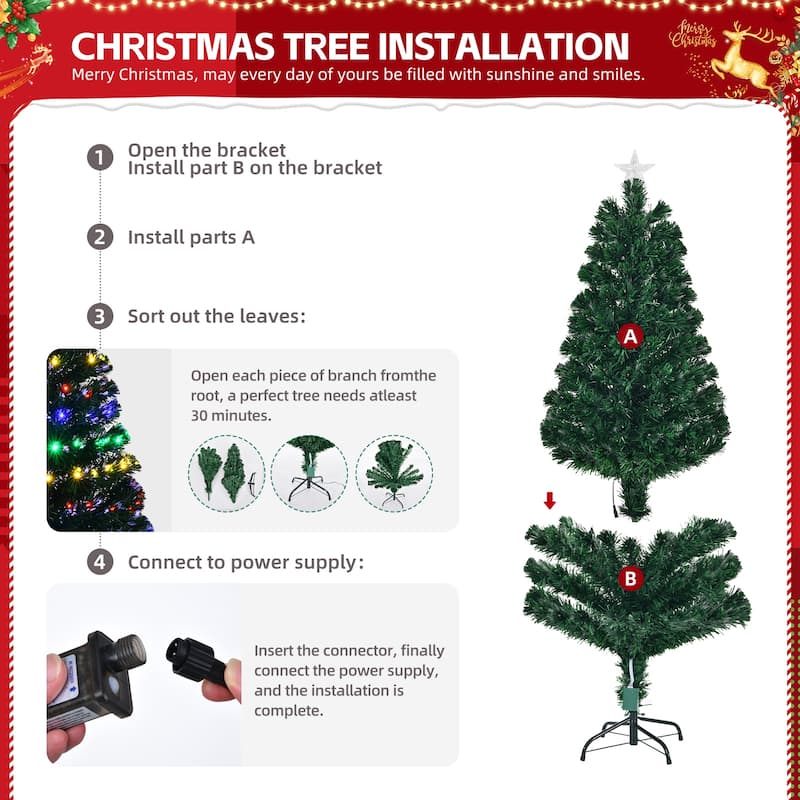 Green PVC Fiber Optic Christmas Tree 5FT with 180 multi-color LEDs - 31.5” Dia x 60” H