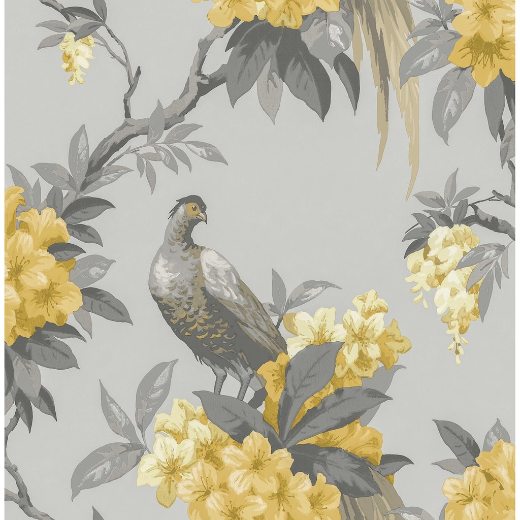 Brewster Golden Pheasant Grey Floral Wallpaper