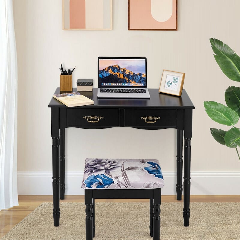 Costway Black Tri Folding Mirror Vanity Makeup Table Stool 4 Drawers