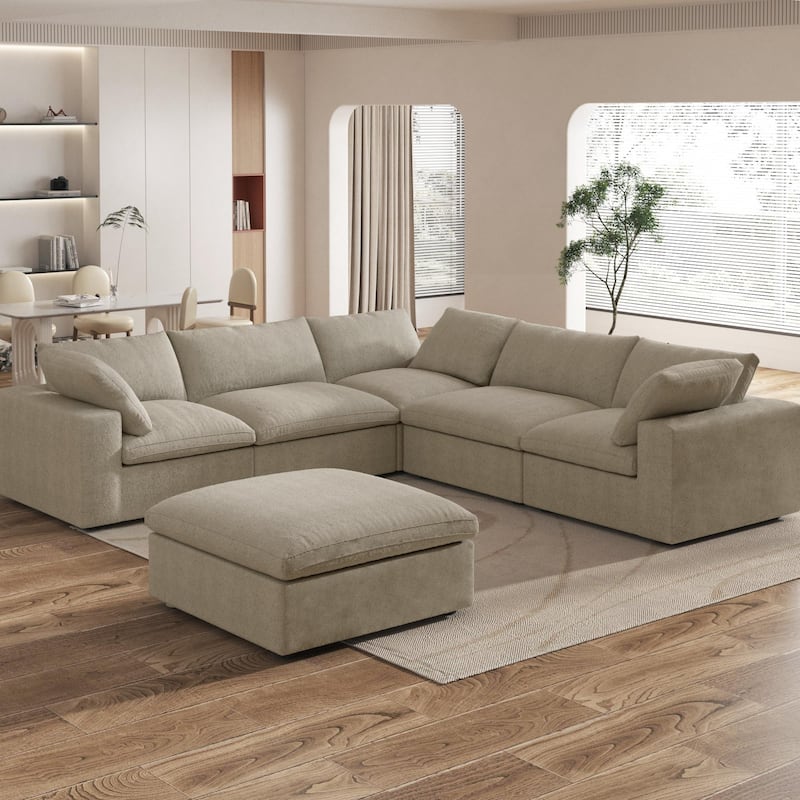Oversize Down Filled 5-Piece Sectional Sofa with Storage Ottoman for Living Room - Khaki