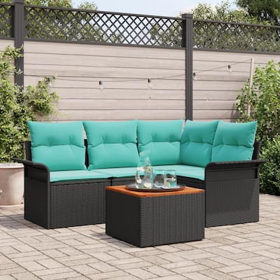 vidaXL 5 Garden Sofa Set with Cushions Black Poly Rattan - 73.8 x 52.2 x 27.2