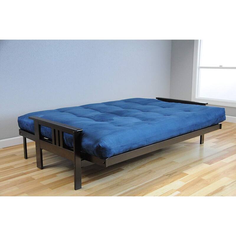 85 in. Espresso/Suede Navy Polyester Upholstered Queen Size Futon Set with Mattress