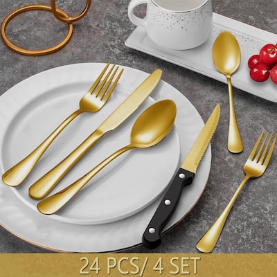 Gold Silverware Set with Steak Knives, Dishwasher Safe