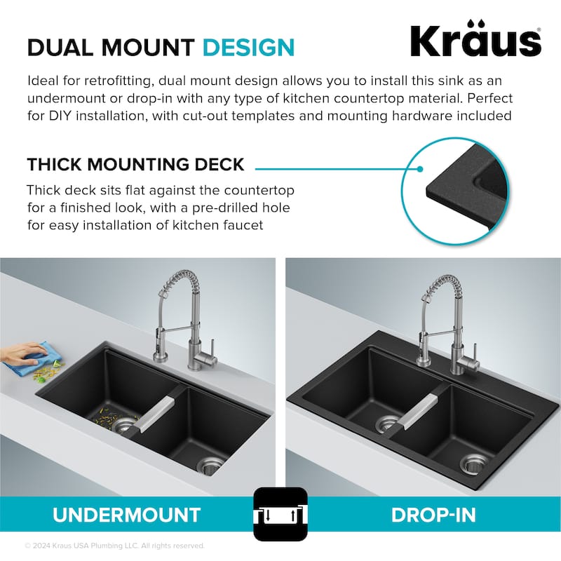 KRAUS Granite 33 inch 2-Bowl Undermount Drop-in Kitchen Sink
