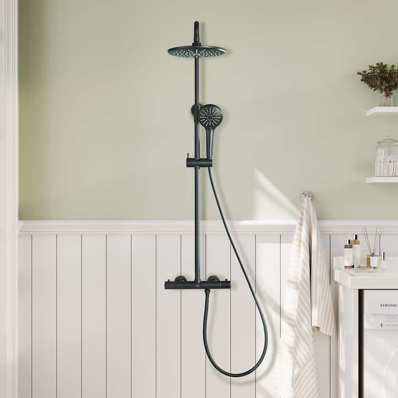 3-Spray Patterns Thermostatic Rain Shower Faucet Wall Mount Dual Shower Heads and Handheld Shower Head - 9" x 9"