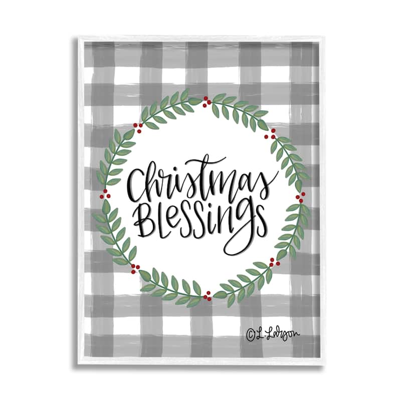 Stupell Christmas Blessings Calligraphy Tartan Holly Sprigs Border Framed Wall Art - Green - 16 x 20 - White