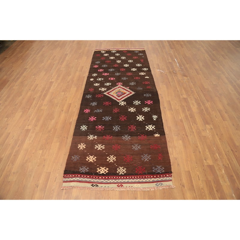 Hand Woven Oriental 100% Wool Carpet Southwestern Tribal Brown Kilim Runner Rug - 9' 3'' X 3' 6''