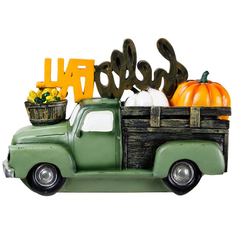 Hello Fall Vintage Style Truck Hauling Autumn Harvest Decoration - 11.25"