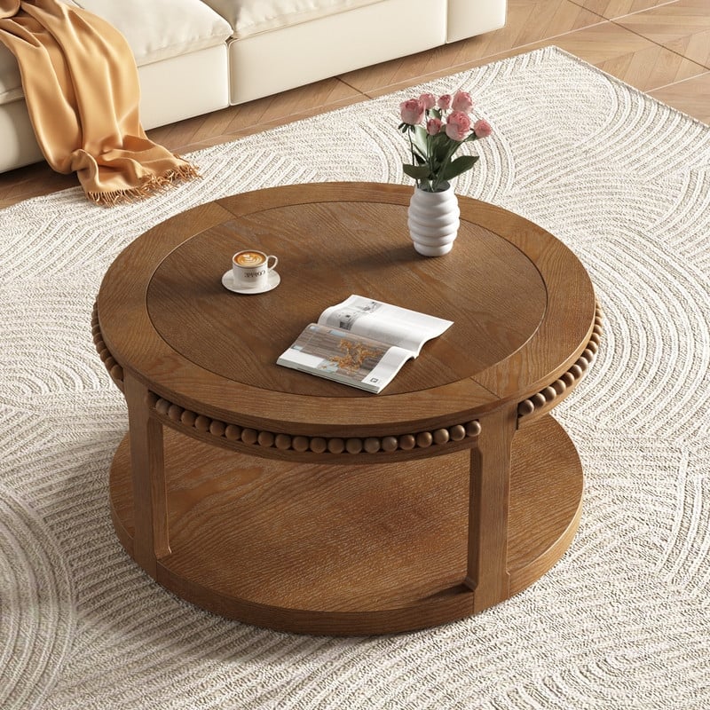 Round Solid Wood Coffee Table, Two-Tier Design with Sturdy Construction for Living Room Elegance