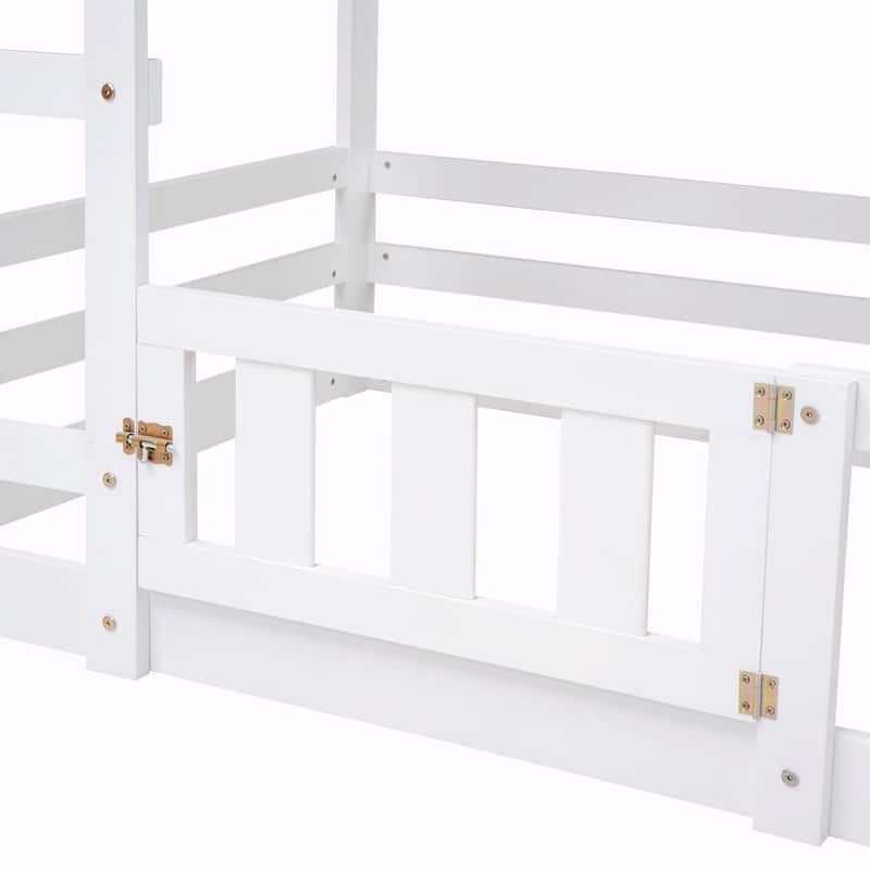 Twin over Twin House Bunk Bed with Fence and Door
