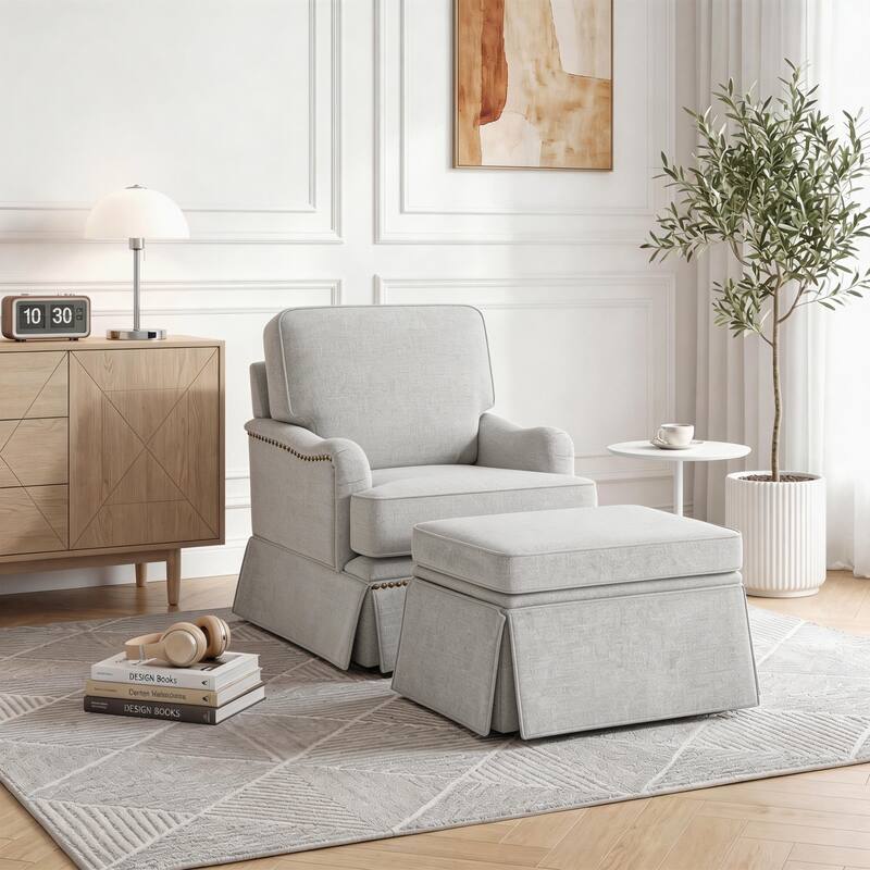 Modern Chenille Swivel Armchair and Storage Ottoman - Set of Chair with Ottoman - Beige