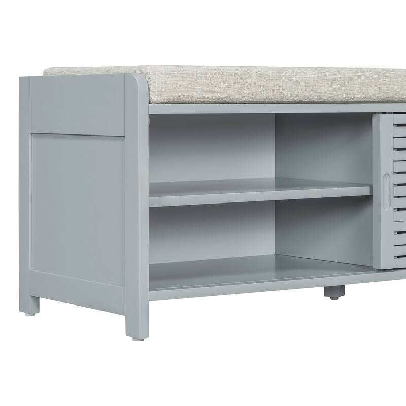 Shoe Storage Bench Entryway Bench with Cushion, Sliding Door