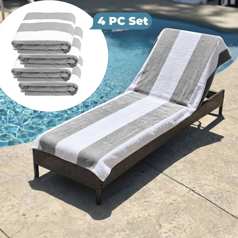 100% Cotton Cabana‑Stripe Lounge Chair Cover Terry Towel with Fitted Pocket & Back Flap Set of 4