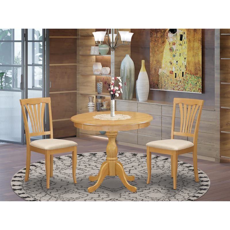 East West Furniture 3 Piece Modern Dining Table Set- A Round Kitchen Table and 2 Dining Chairs, (Seat Type & Finish Options) - AMAV3-OAK-C