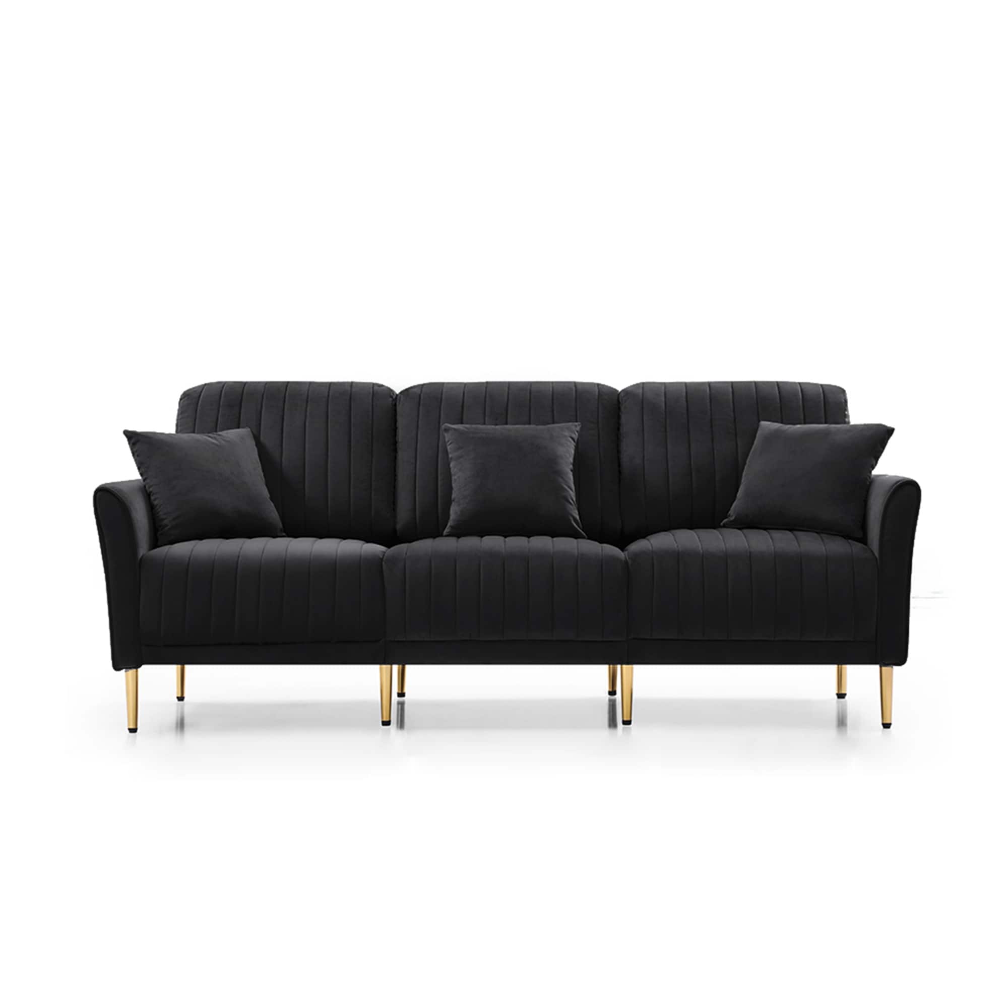Luxurious Velvet Upholstered Channel Tufted 3 Seat Sofa with 3 Throw Pillows Bed Bath Beyond 38104444